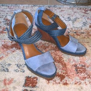 HALSTON Blue Suede Espadrille Wedge Heels Double Ankle Straps Size 8.5 Like NEW